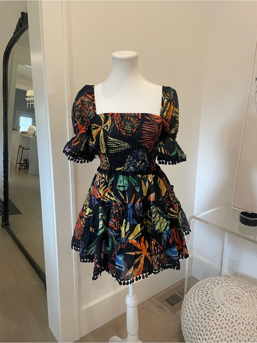 Charo Ruiz Black Mini Dress with Multicolor Tropical Print